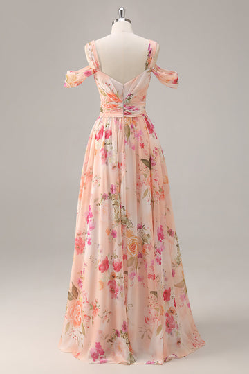 Pink Floral Ruched Cold Shoulder Long Bridesmaid Dress with Slit